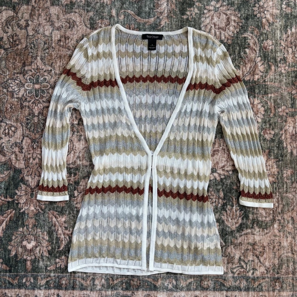 Y2K White House Black Market Cardigan S Metallic Open Weave Knit Funky Boho Glam